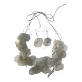A silver-colored fish scale necklace set with matching earrings, displayed against a white background.